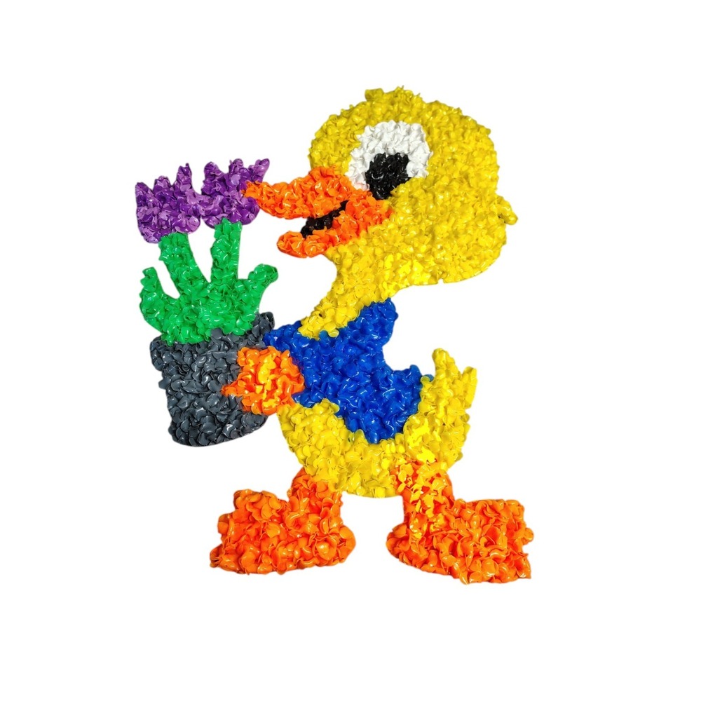 Vtg 70s Melted‎ Plastic Popcorn Yellow Duck Holding Tulips Easter Decor 18x14